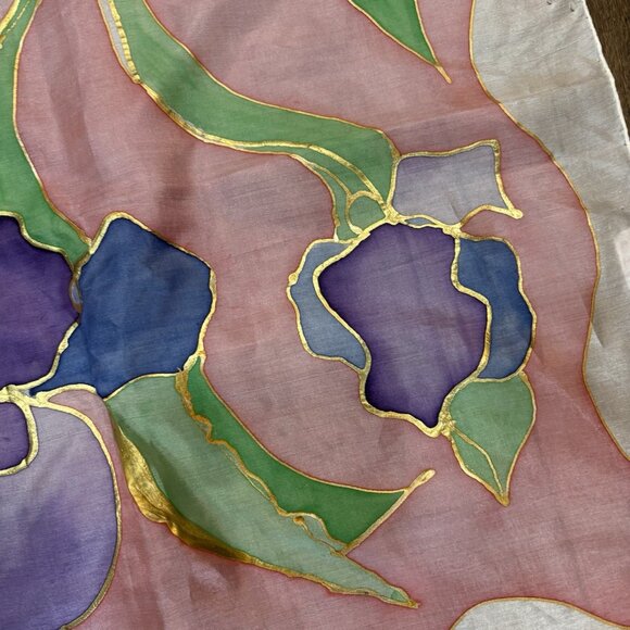 Vintage Silk Handpainted Scarf Watercolor Hand rolled Pastel - Picture 2 of 11